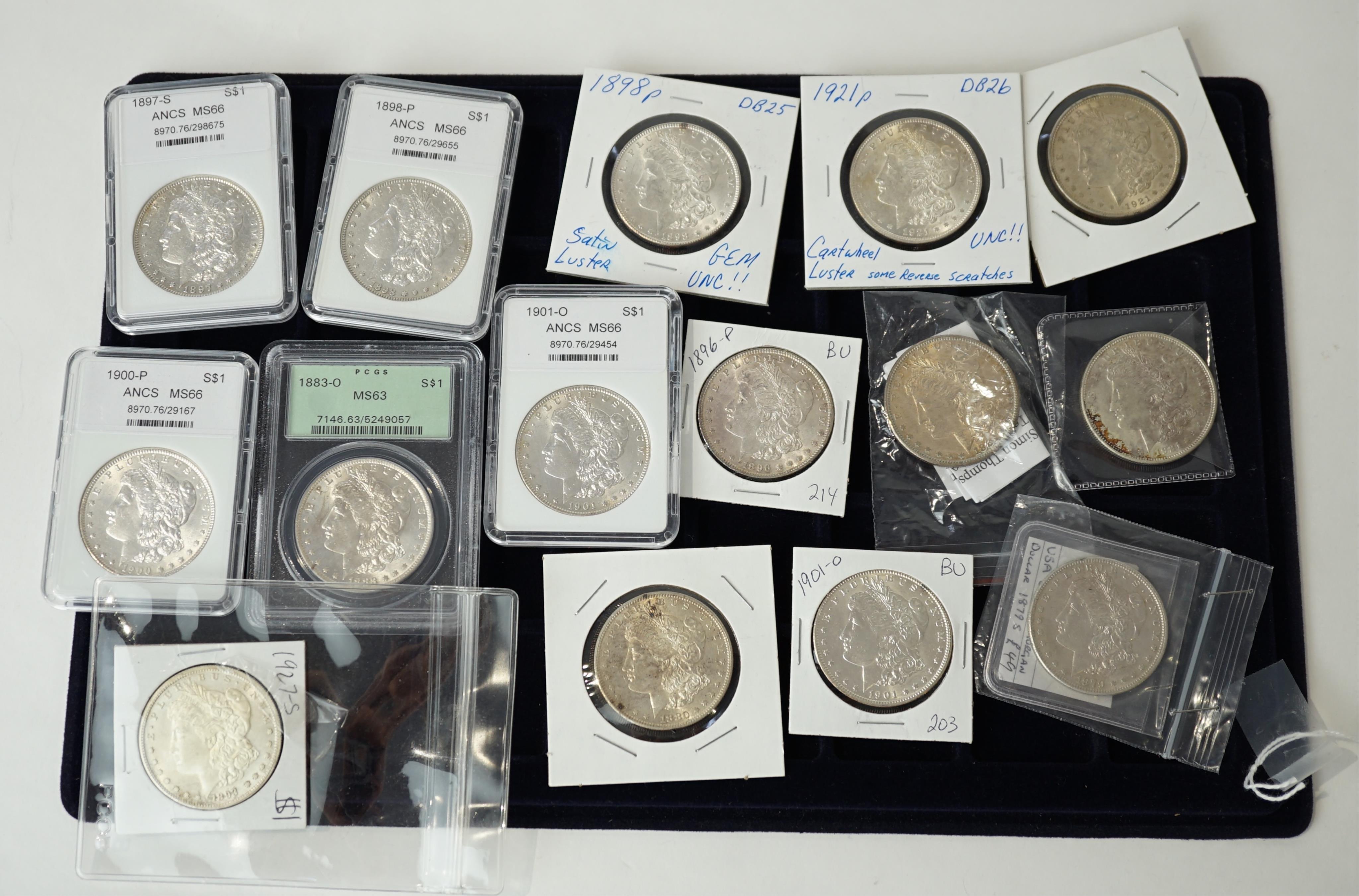 USA silver coins, 15 Morgan dollars; 1879, 1880, 1881, 1893 x 2, 1896, 1897, 1898 x 2, 1900, 1901 x 2, 1921 x 3, good VF to UNC